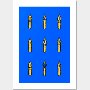 Nine Dip Pen Nibs (Cobalt and Yellow) Posters and Art